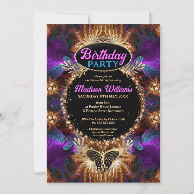Whimsical Purple Pink Bohemian Princess Birthday Invitation (Front)