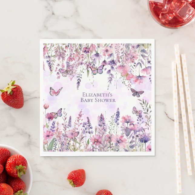 Whimsical Purple Pink Butterflies & Wildflowers Napkin (Insitu)