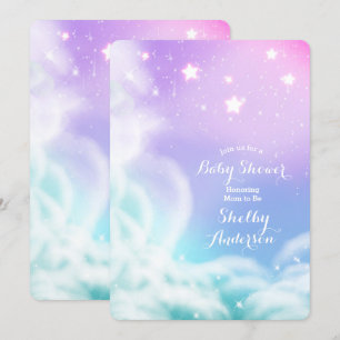 Whimsical Purple Pink Sparkle Clouds Baby Shower Invitation