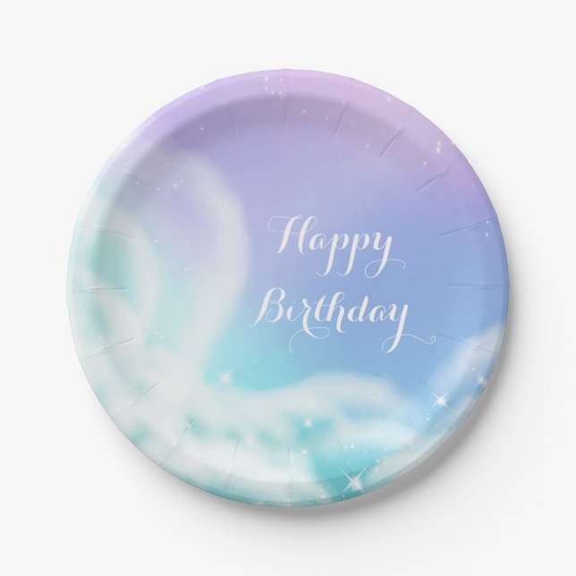 Whimsical Purple Pink Sparkle Clouds Baby Shower Paper Plate (Front)