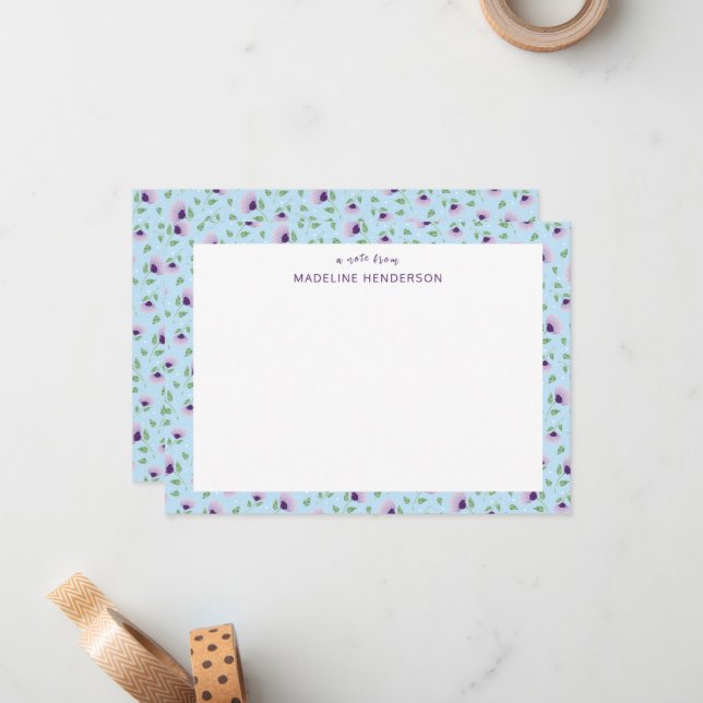 Whimsical Purple Sunflowers Light Blue Monogram Card (Front/Back In Situ)