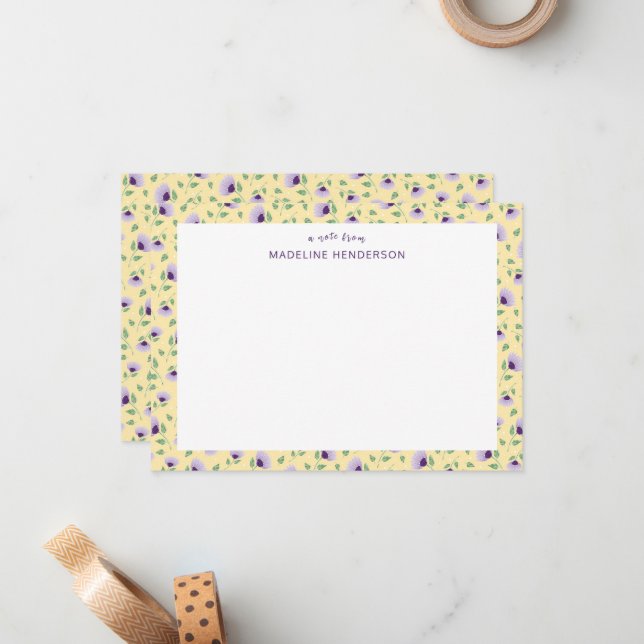 Whimsical Purple Sunflowers Light Yellow Monogram Card (Front/Back In Situ)