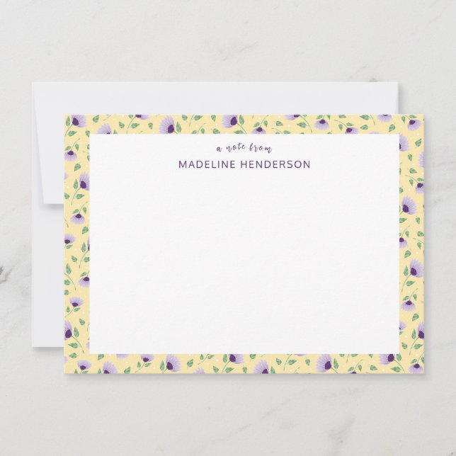 Whimsical Purple Sunflowers Light Yellow Monogram Card (Front)