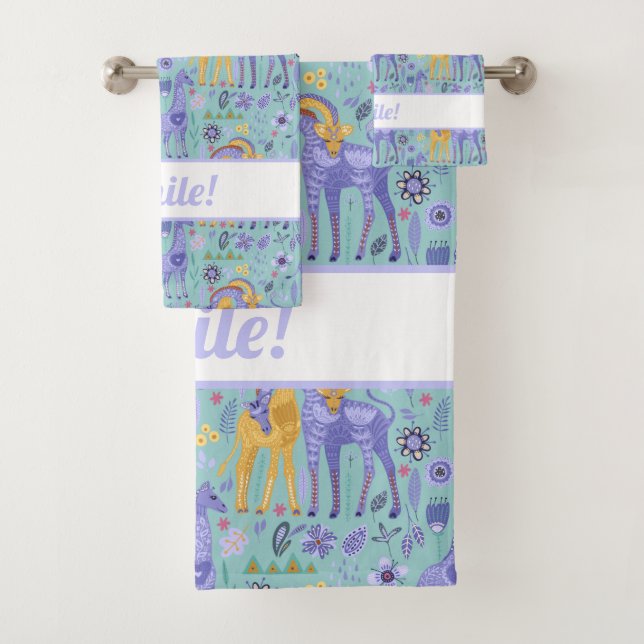 Whimsical Purple Teal Yellow Giraffes Pattern Bath Towel Set (Insitu)