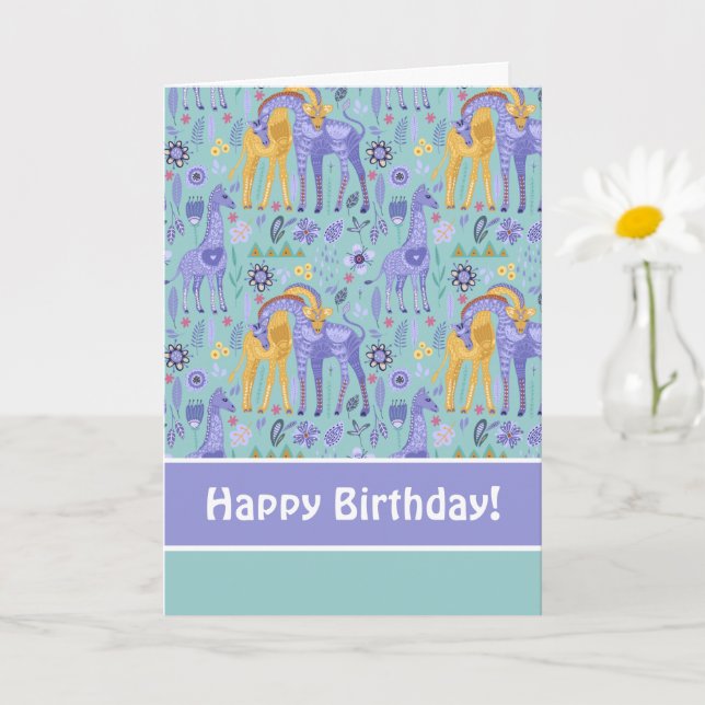 Whimsical Purple Teal Yellow Giraffes Pattern Card (Small Plant)
