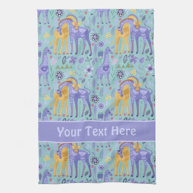 Whimsical Purple Teal Yellow Giraffes Pattern Kitchen Towel (Vertical)