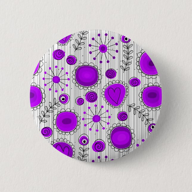 Whimsical purple white hearts and flowers floral 2 inch round button (Front)