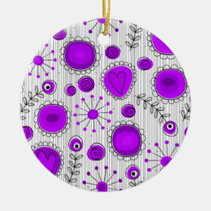 Whimsical purple white hearts and flowers floral ceramic ornament