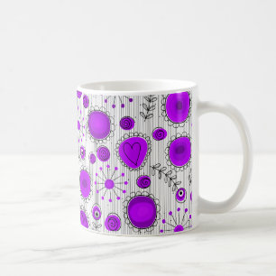 Whimsical purple white hearts and flowers floral coffee mug