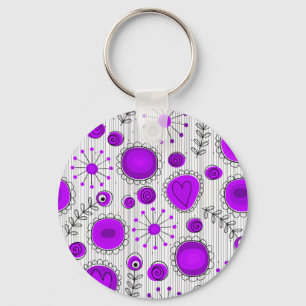 Whimsical purple white hearts and flowers floral keychain