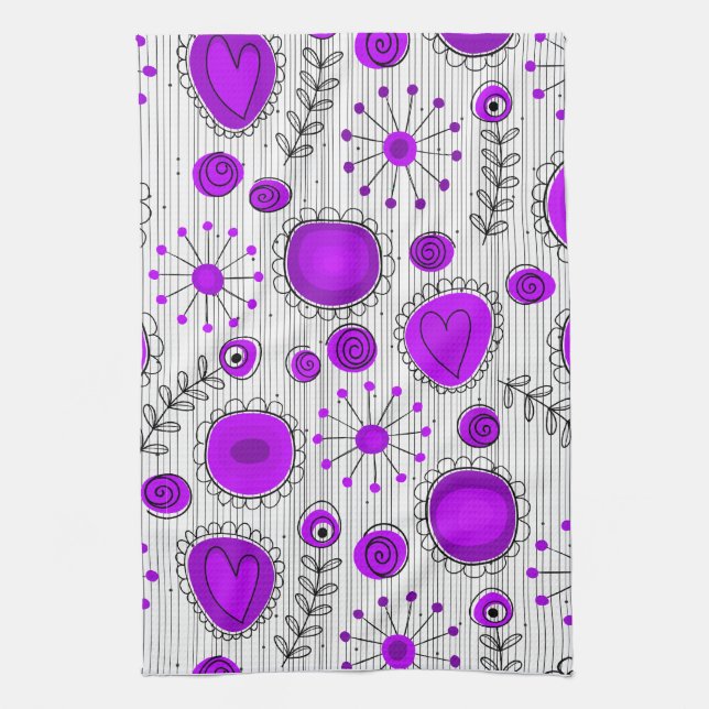 Whimsical purple white hearts and flowers floral kitchen towel (Vertical)