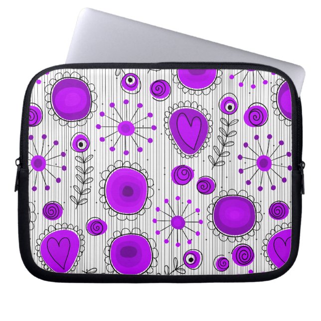 Whimsical purple white hearts and flowers floral laptop sleeve (Front)