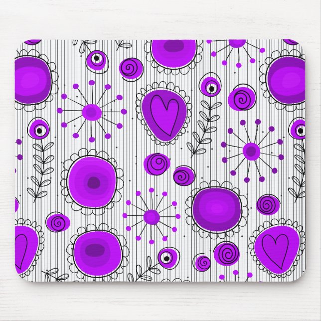 Whimsical purple white hearts and flowers floral mouse pad (Front)