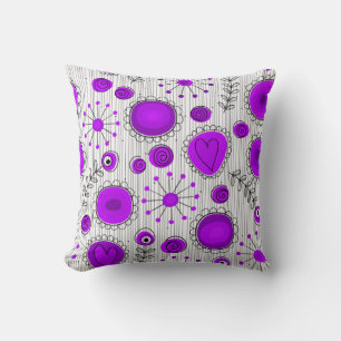 Whimsical purple white hearts and flowers floral throw pillow