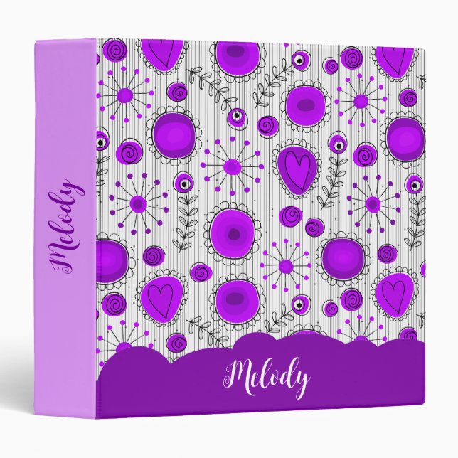 Whimsical purple white hearts flowers floral name binder (Front/Spine)