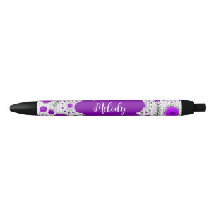 Whimsical purple white hearts flowers floral name black ink pen