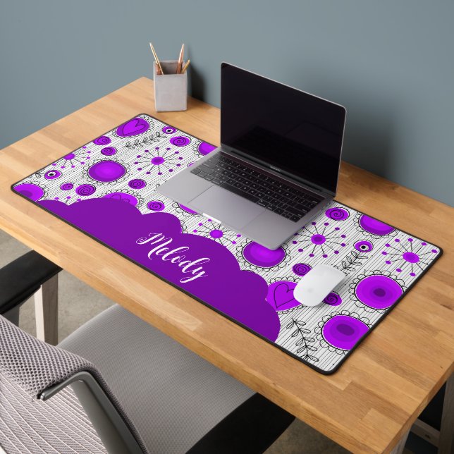 Whimsical purple white hearts flowers floral name desk mat (Office 2)