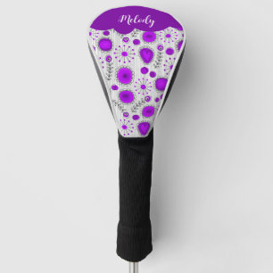 Whimsical purple white hearts flowers floral name golf head cover