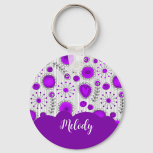 Whimsical purple white hearts flowers floral name keychain