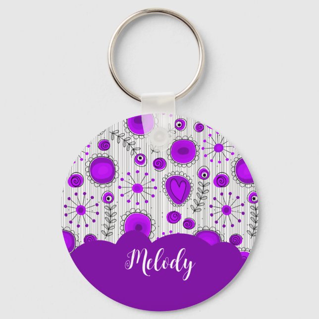 Whimsical purple white hearts flowers floral name keychain (Front)