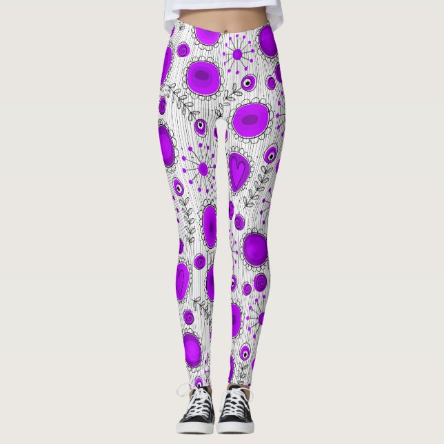 Whimsical purple white hearts flowers floral name leggings (Front)