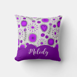 Whimsical purple white hearts flowers floral name throw pillow