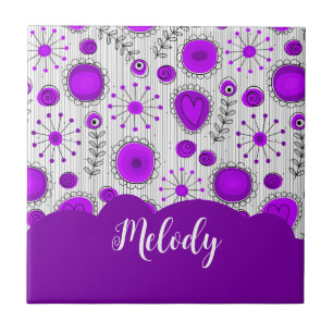Whimsical purple white hearts flowers floral name tile