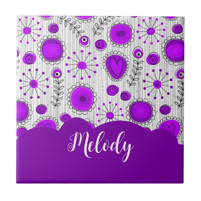 Whimsical purple white hearts flowers floral name tile (Front)