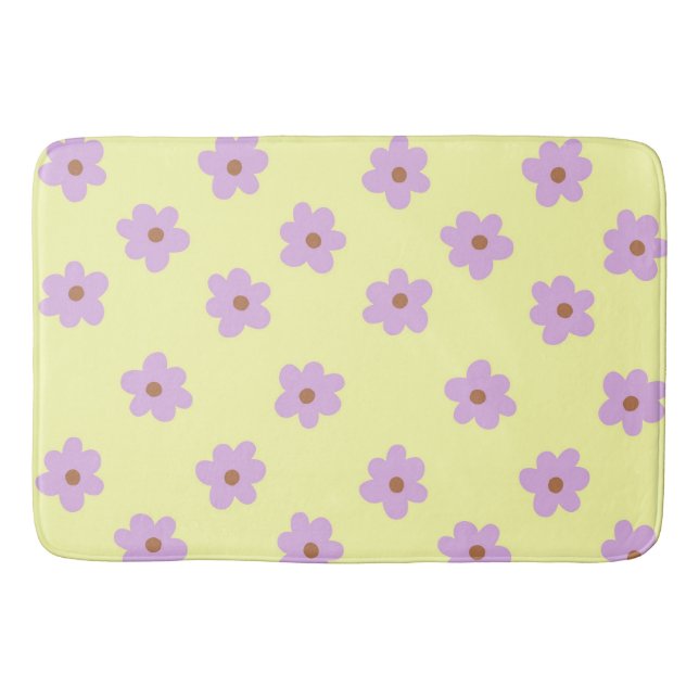 Whimsical Purple & Yellow Floral Retro Cheerful Bath Mat (Front)