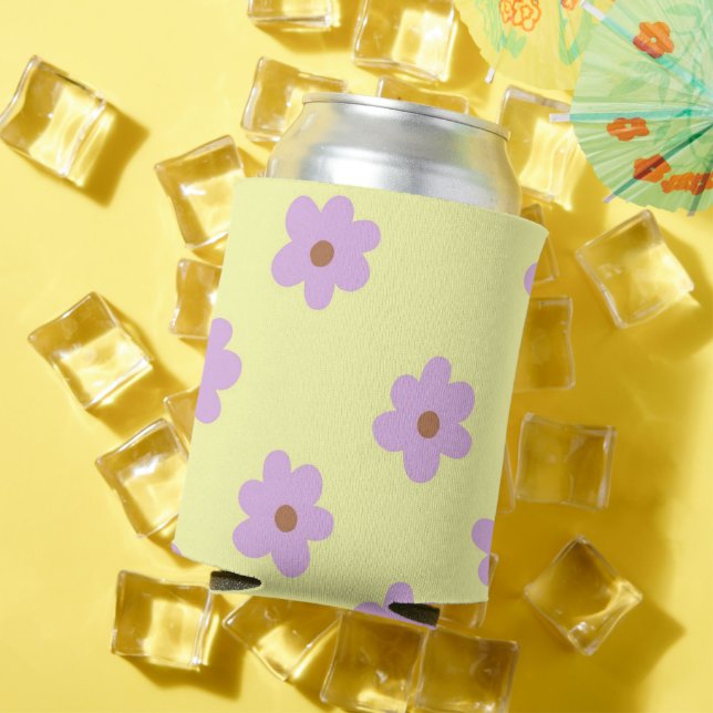 Whimsical Purple & Yellow Flower Retro Cheerful Can Cooler (In Situ Summer)