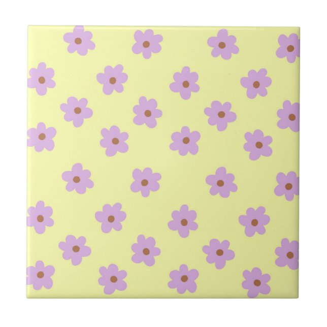 Whimsical Purple & Yellow Flower Retro Cheerful Tile (Front)