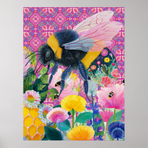 Whimsical Queen Bee Garden Wildflower Poster