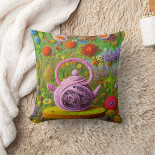 Whimsical Quilled Teapot Landscape  Throw Pillow