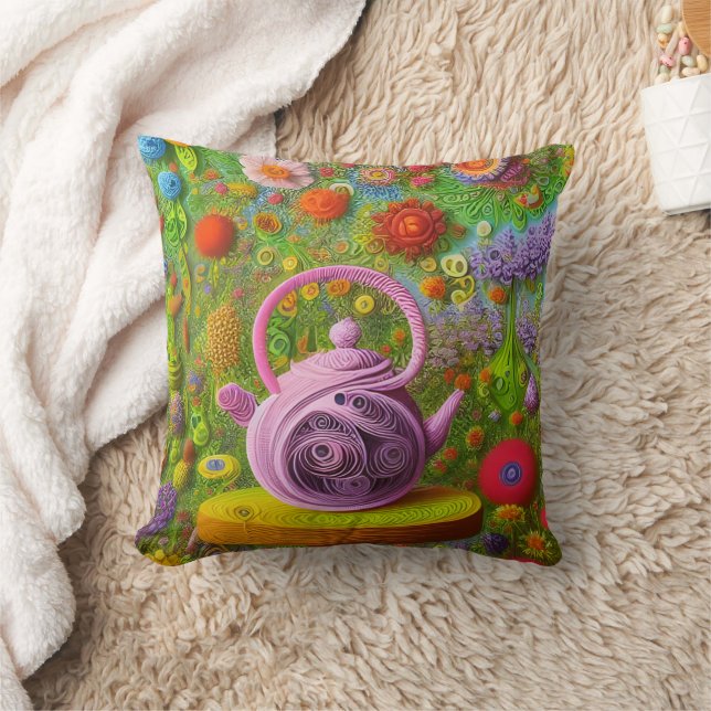 Whimsical Quilled Teapot Landscape  Throw Pillow (Blanket)