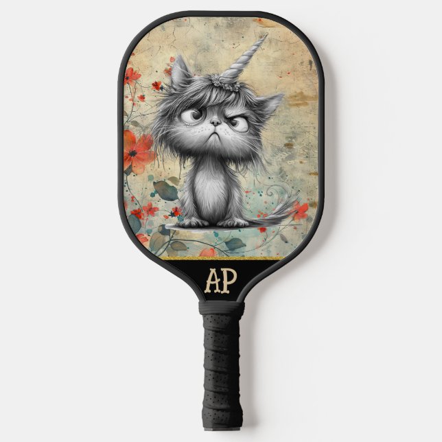 *~*  Whimsical Quirky Cat AP68 Floral 3  PHOTO Pickleball Paddle (Front)