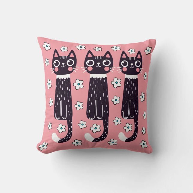 Whimsical Quirky Doodle Black Cat Drawing  Throw Pillow (Front)