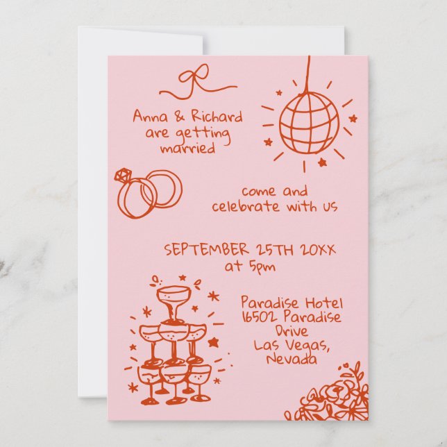 Whimsical Quirky Doodle Photo Fun Pink Red Wedding Invitation (Front)