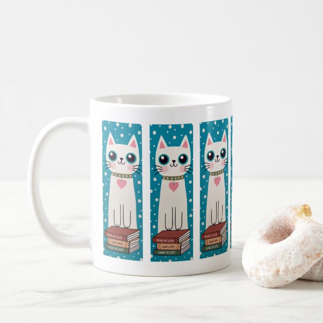 Whimsical Quirky Doodle White Cat And Books Coffee Mug (With Donut)