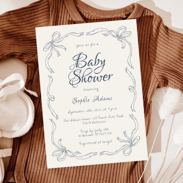 Whimsical Quirky Hand Drawn Blue Bow Baby Shower Invitation (Creator Uploaded)
