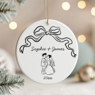 Whimsical Quirky Hand Drawn Bow Wedding Christmas  Ceramic Ornament