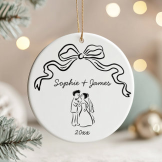 Whimsical Quirky Hand Drawn Bow Wedding Christmas Ceramic Ornament