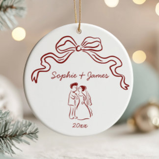 Whimsical Quirky Hand Drawn Bow Wedding Christmas Ceramic Ornament