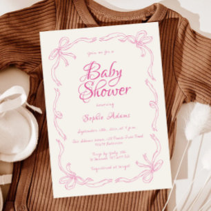 Whimsical Quirky Hand Drawn Pink Bow Baby Shower Invitation