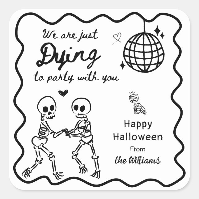 Whimsical Quirky Hand Drawn Skeleton Halloween Square Sticker (Front)