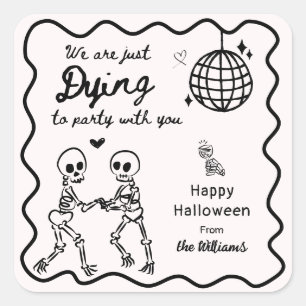 Whimsical Quirky Hand Drawn Skeleton Halloween Square Sticker