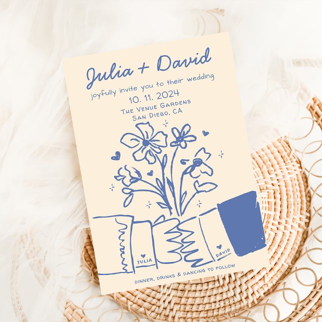 Whimsical Quirky Handwritten Blue Floral Wedding Invitation (Creator Uploaded)