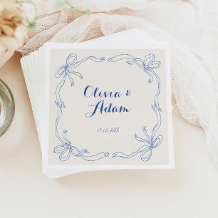 Whimsical Quirky Retro Hand Drawn Blue Bow Wedding Napkin