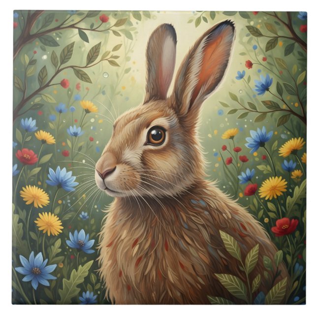 Whimsical Rabbit and Forest Flowers Nature Tile (Front)