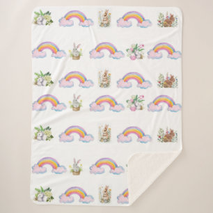 Whimsical rabbit and rainbow Sherpa Blanket