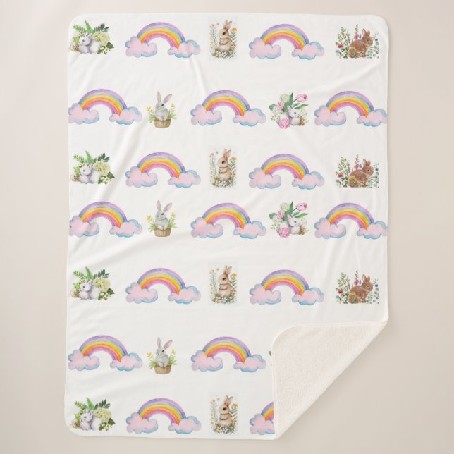 Whimsical rabbit and rainbow Sherpa Blanket (Front)